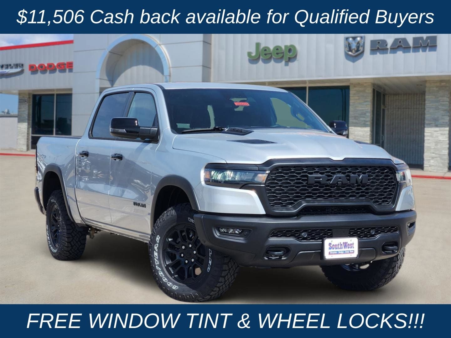 2026 RAM Ram 1500 RAM 1500 REBEL CREW CAB 4X4 5'7' BOX in Silver Zynith Exterior Paint — front three-quarter view