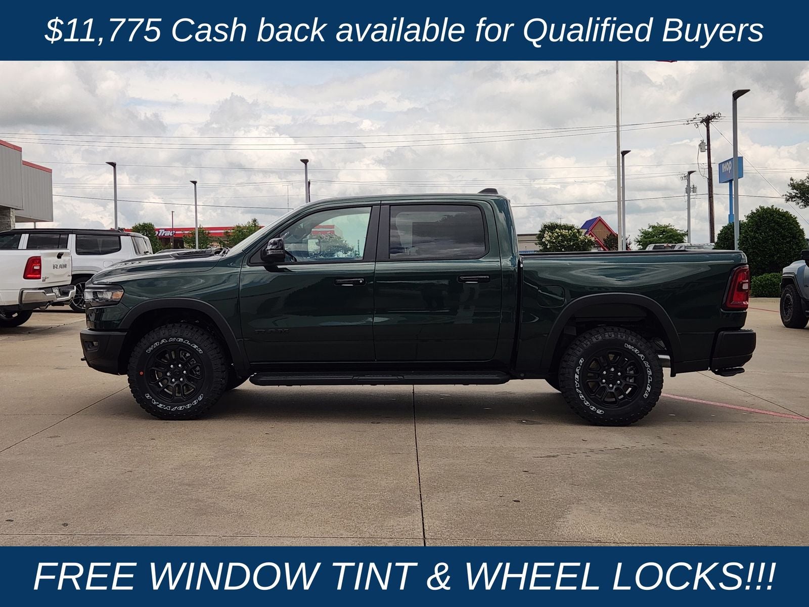 2026 RAM Ram 1500 RAM 1500 REBEL CREW CAB 4X4 5'7' BOX in Serrano-Green Metallic Exterior Paint — front three-quarter view
