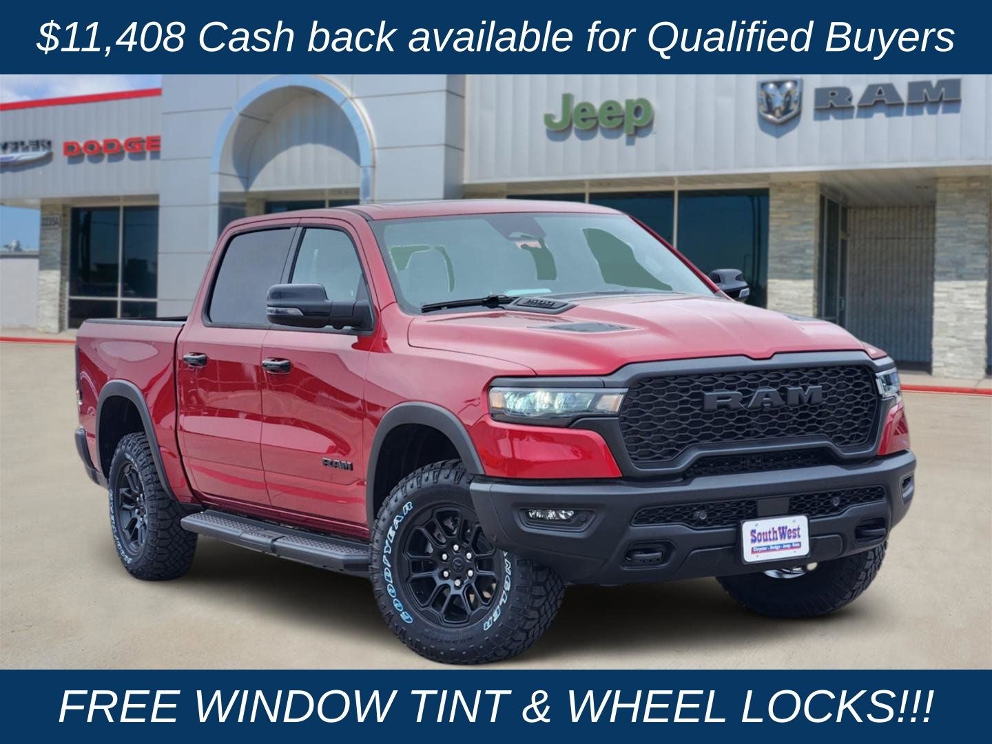 2026 RAM Ram 1500 RAM 1500 REBEL CREW CAB 4X4 5'7' BOX in Molten Red Pearl-Coat Exterior Paint — front three-quarter view