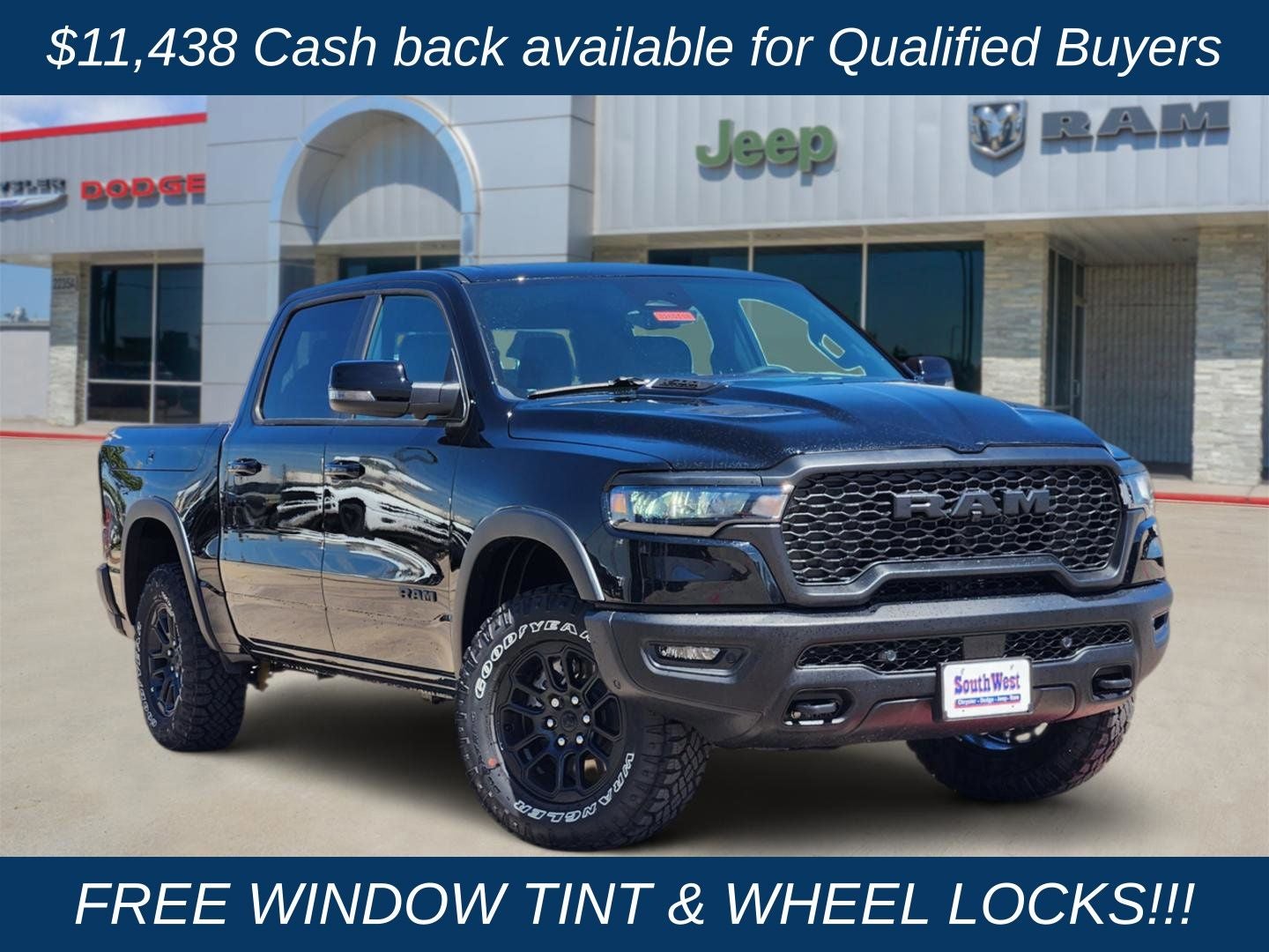 2026 RAM Ram 1500 RAM 1500 REBEL CREW CAB 4X4 5'7' BOX in Diamond Black Crystal Pearl-Coat Exterior Paint — front three-quarter view