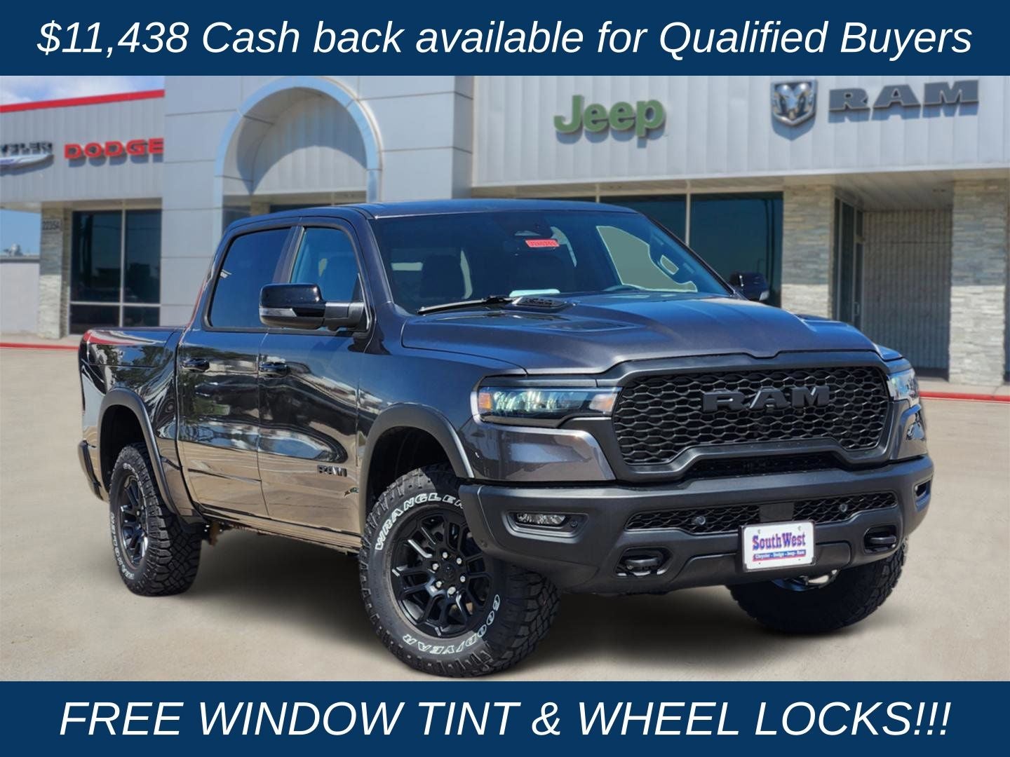 2026 RAM Ram 1500 RAM 1500 REBEL CREW CAB 4X4 5'7' BOX in Granite Crystal Metallic Clear-Coat Exterior Paint — front three-quarter view