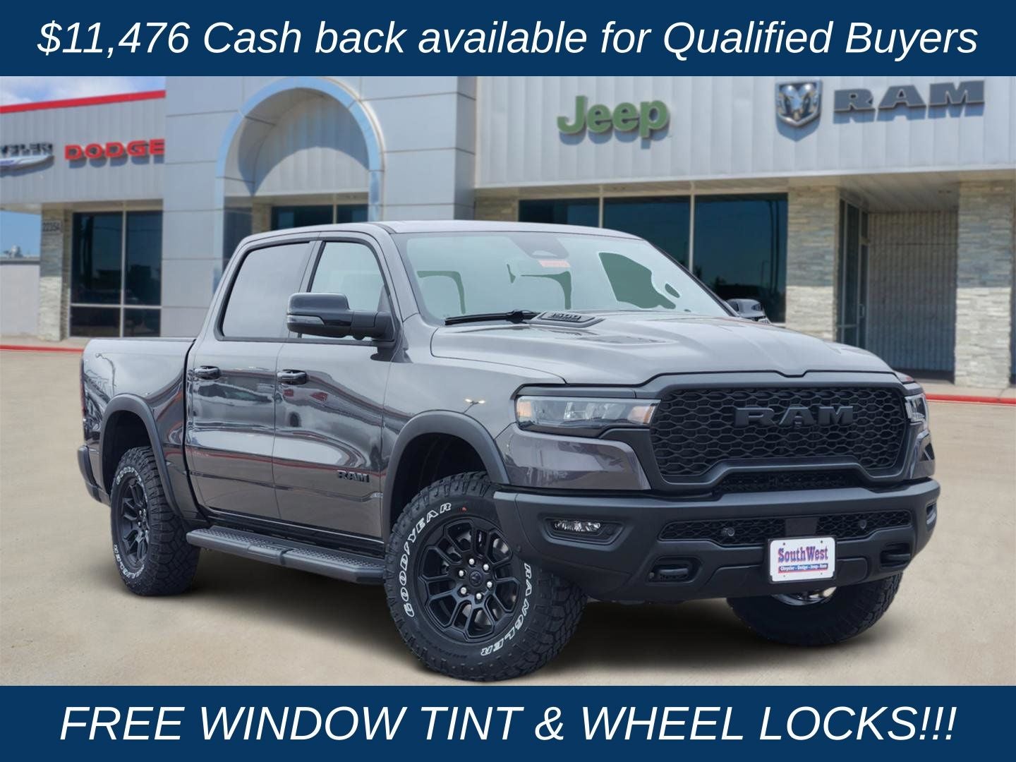 2026 RAM Ram 1500 RAM 1500 REBEL CREW CAB 4X4 5'7' BOX in Granite Crystal Metallic Clear-Coat Exterior Paint — front three-quarter view