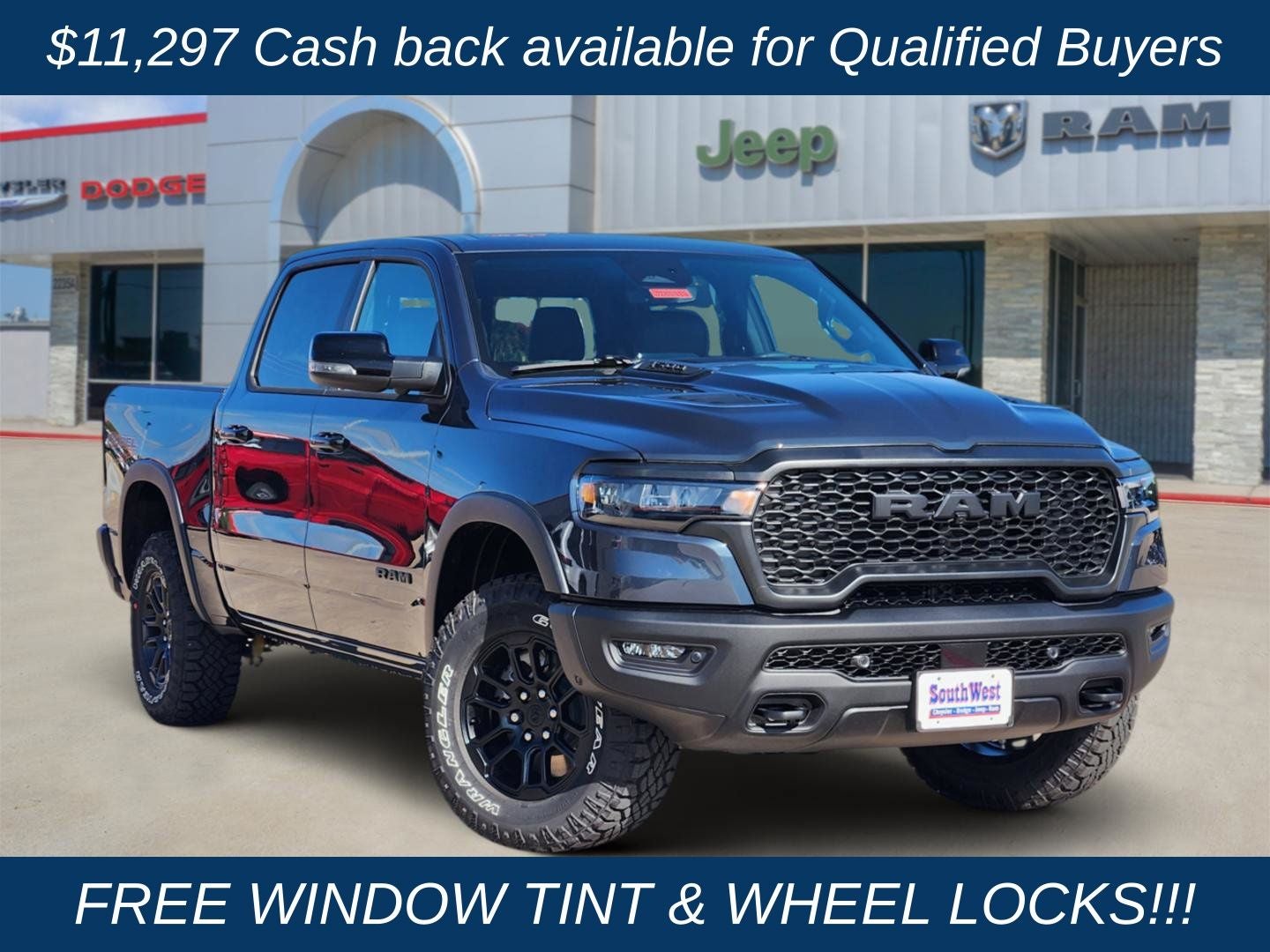 2026 RAM Ram 1500 RAM 1500 REBEL CREW CAB 4X4 5'7' BOX in Forged Blue Metallic Exterior Paint — front three-quarter view