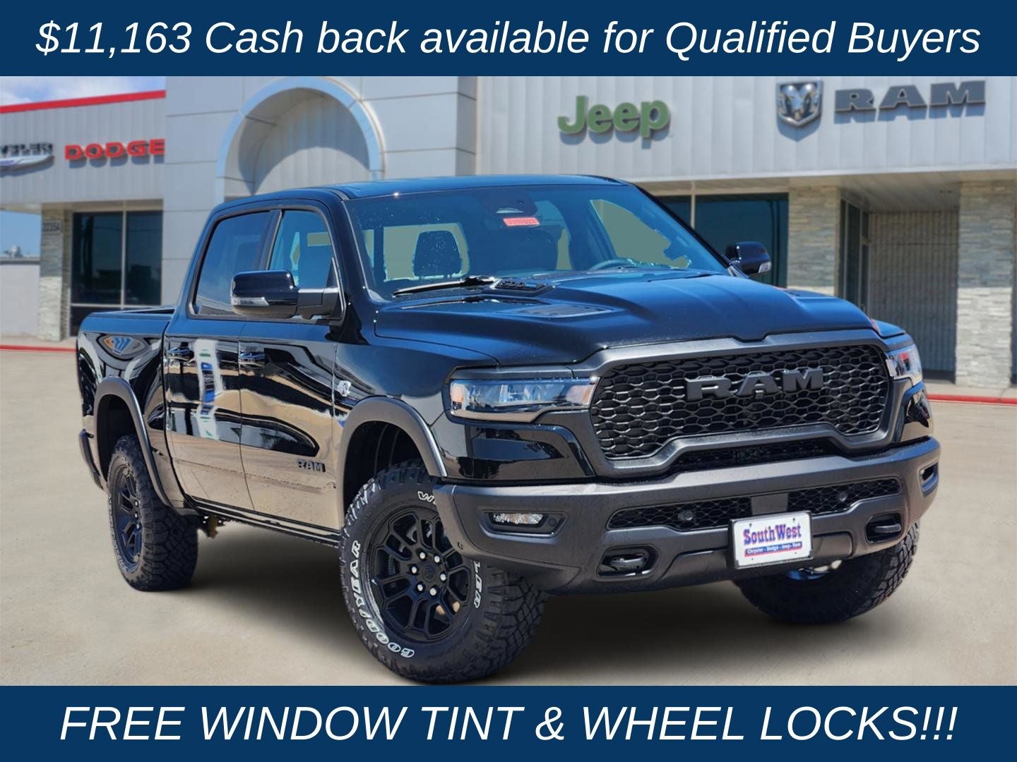 2026 RAM Ram 1500 RAM 1500 REBEL CREW CAB 4X4 5'7' BOX in Diamond Black Crystal Pearl-Coat Exterior Paint — front three-quarter view