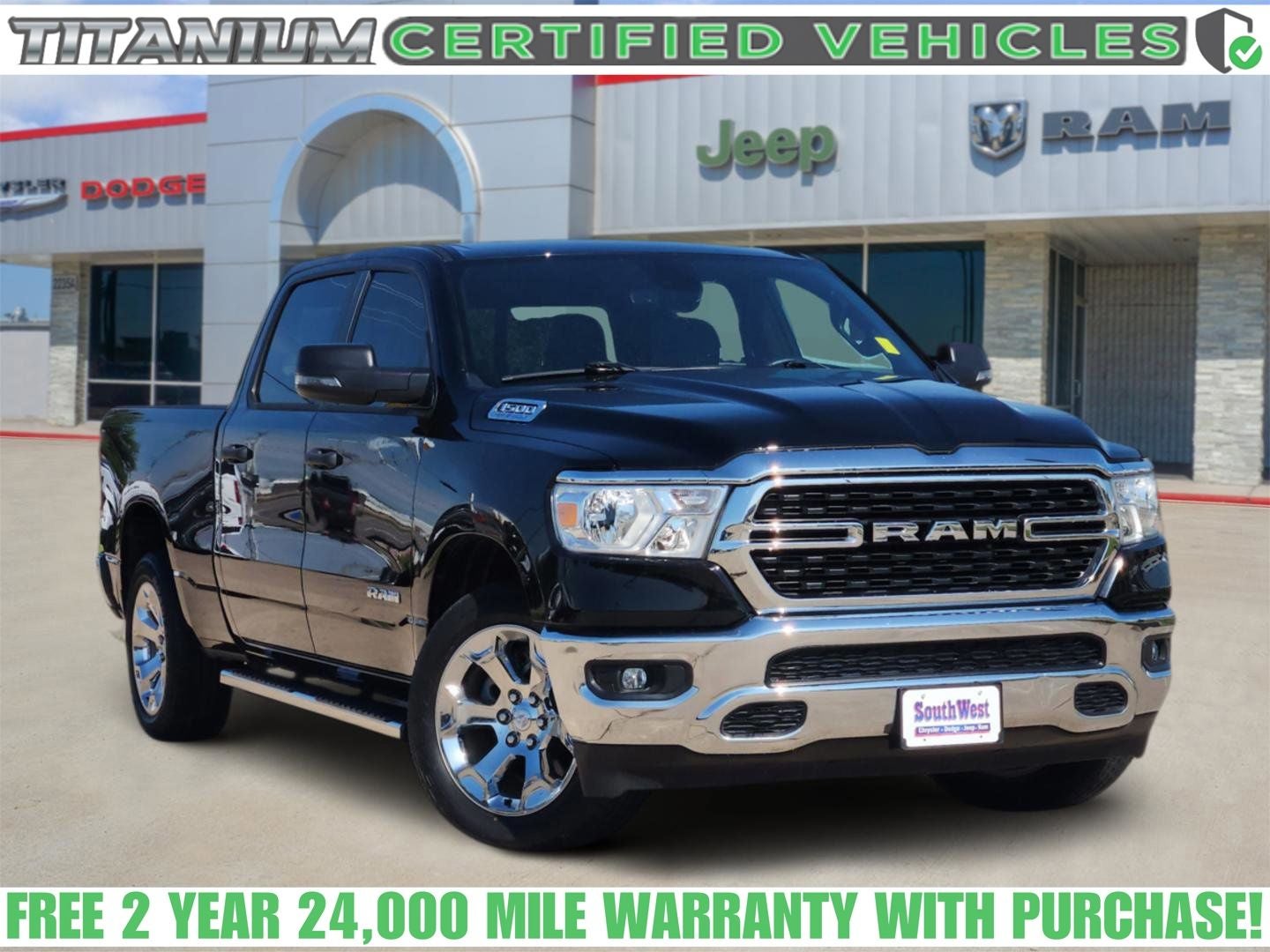 2023 RAM Ram 1500 Big Horn Crew Cab 4x4 6'4' Box in Diamond Black Crystal Pearlcoat — front three-quarter view