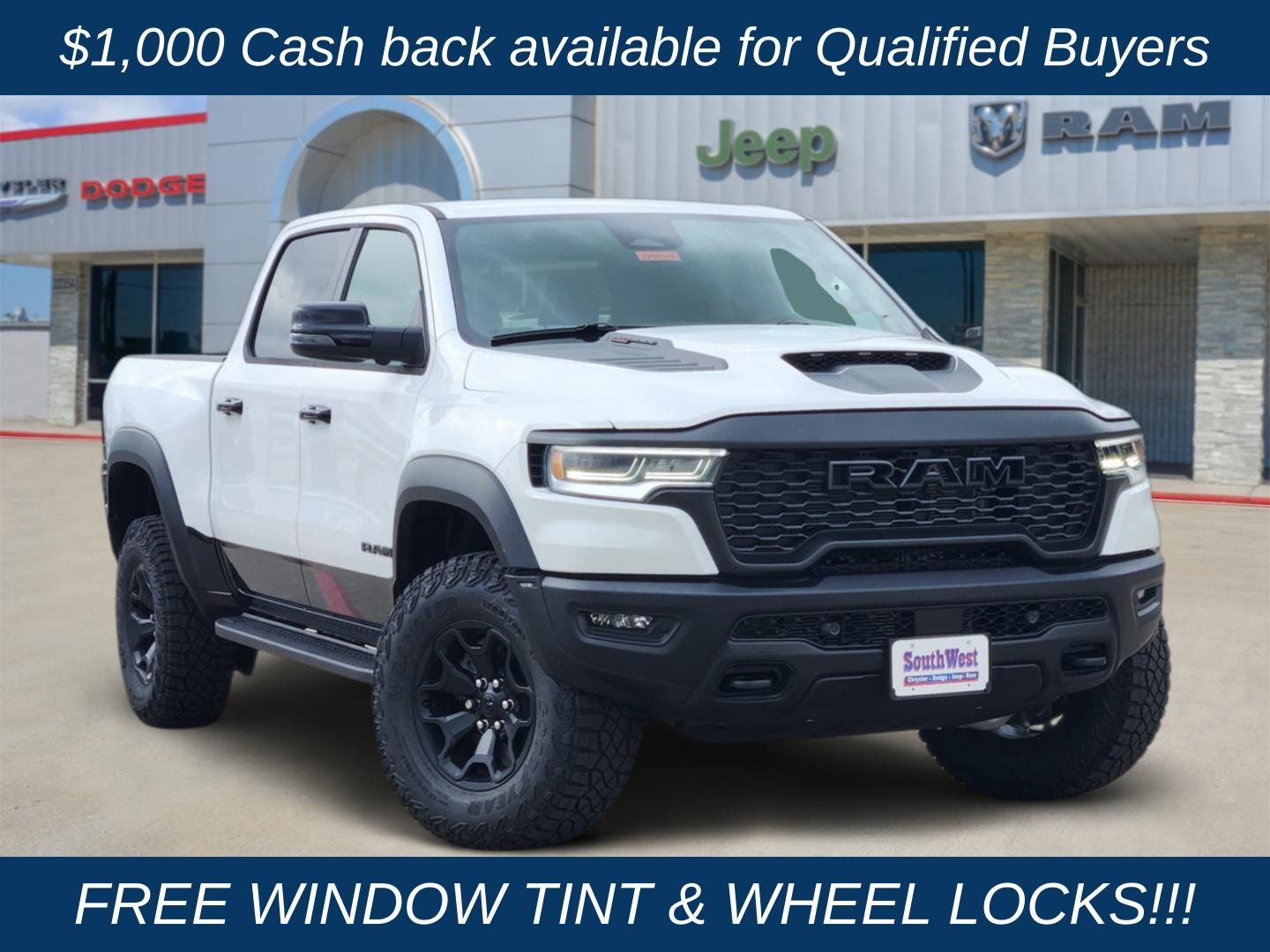 2026 RAM Ram 1500 RAM 1500 RHO CREW CAB 4X4 5'7' BOX in Bright White Clear-Coat Exterior Paint — front three-quarter view