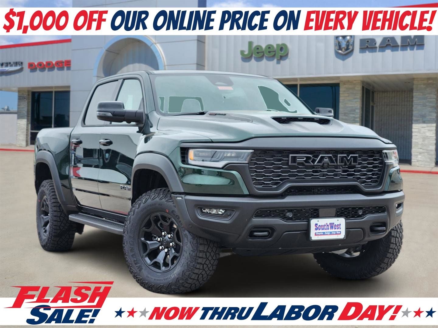 2026 RAM Ram 1500 RAM 1500 RHO CREW CAB 4X4 5'7' BOX in Serrano-Green Metallic Exterior Paint — front three-quarter view