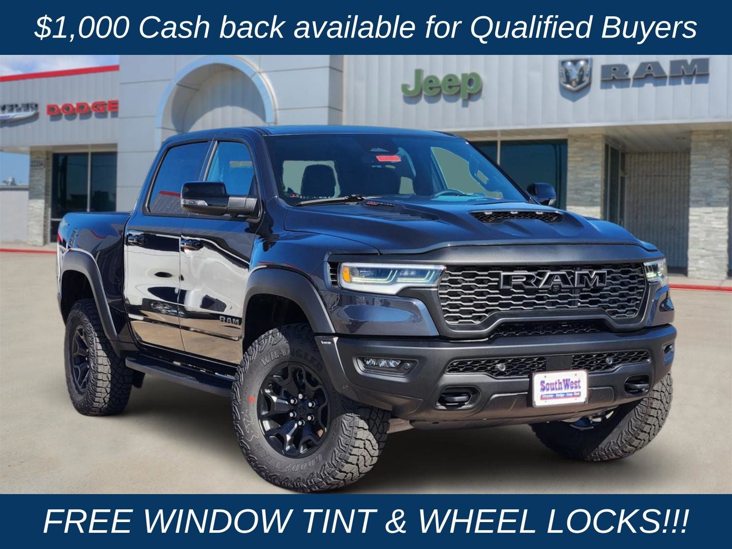 2026 RAM Ram 1500 RAM 1500 RHO CREW CAB 4X4 5'7' BOX in Forged Blue Metallic Exterior Paint — front three-quarter view