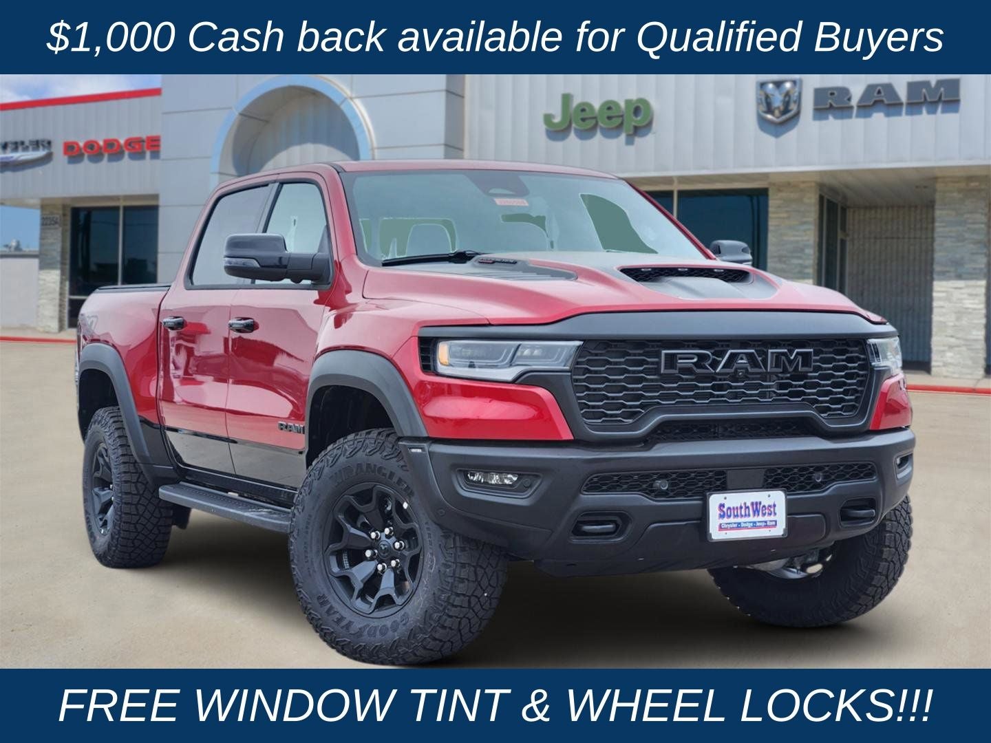 2026 RAM Ram 1500 RAM 1500 RHO CREW CAB 4X4 5'7' BOX in Molten Red Pearl-Coat Exterior Paint — front three-quarter view