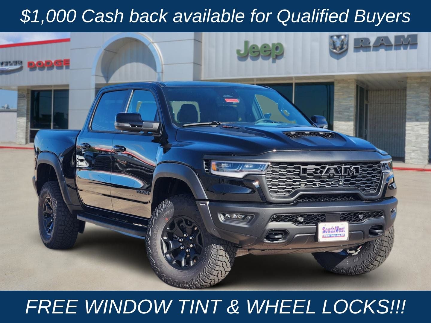 2026 RAM Ram 1500 RAM 1500 RHO CREW CAB 4X4 5'7' BOX in Diamond Black Crystal Pearl-Coat Exterior Paint — front three-quarter view
