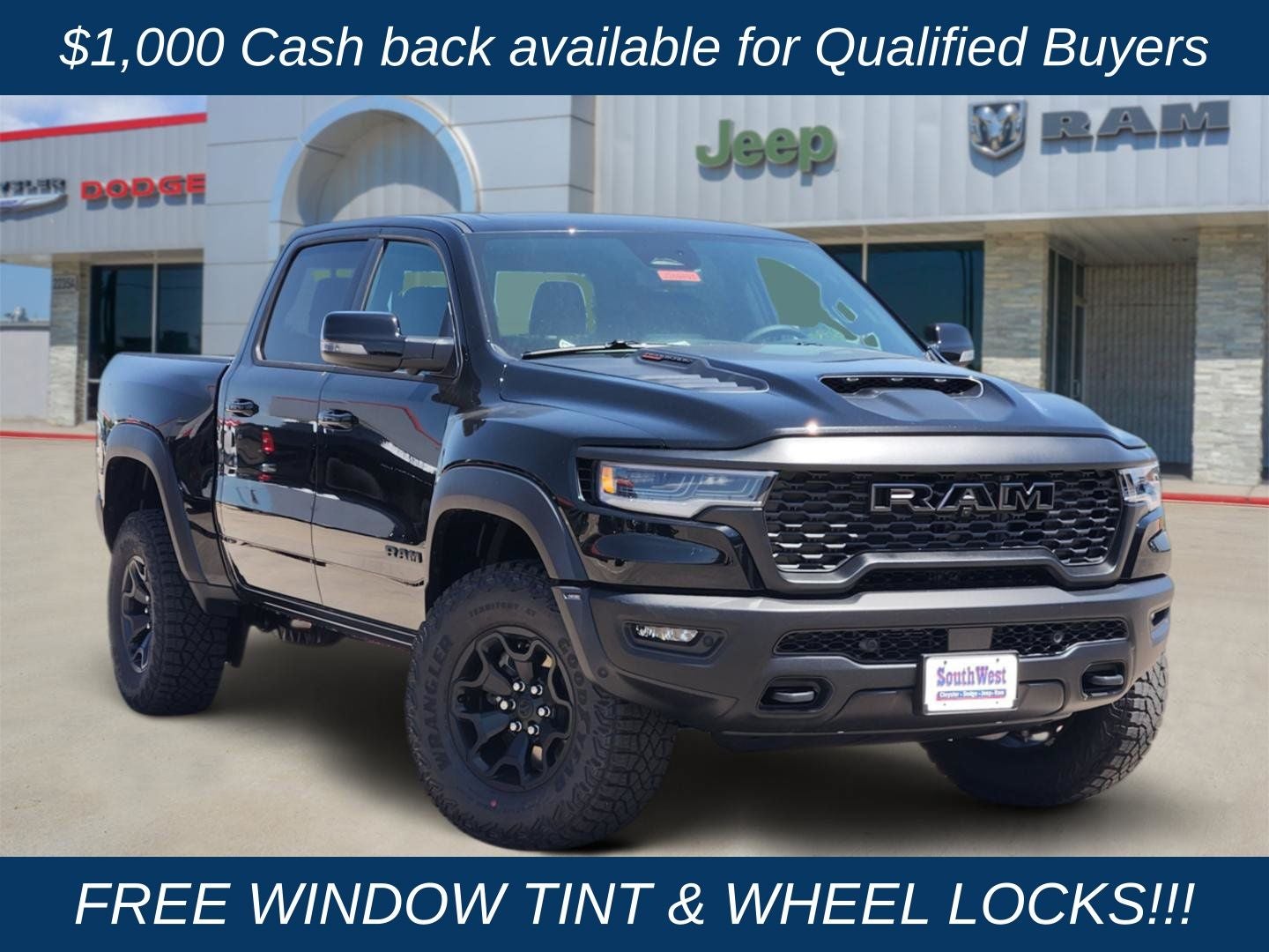 2026 RAM Ram 1500 RAM 1500 RHO CREW CAB 4X4 5'7' BOX in Diamond Black Crystal Pearl-Coat Exterior Paint — front three-quarter view