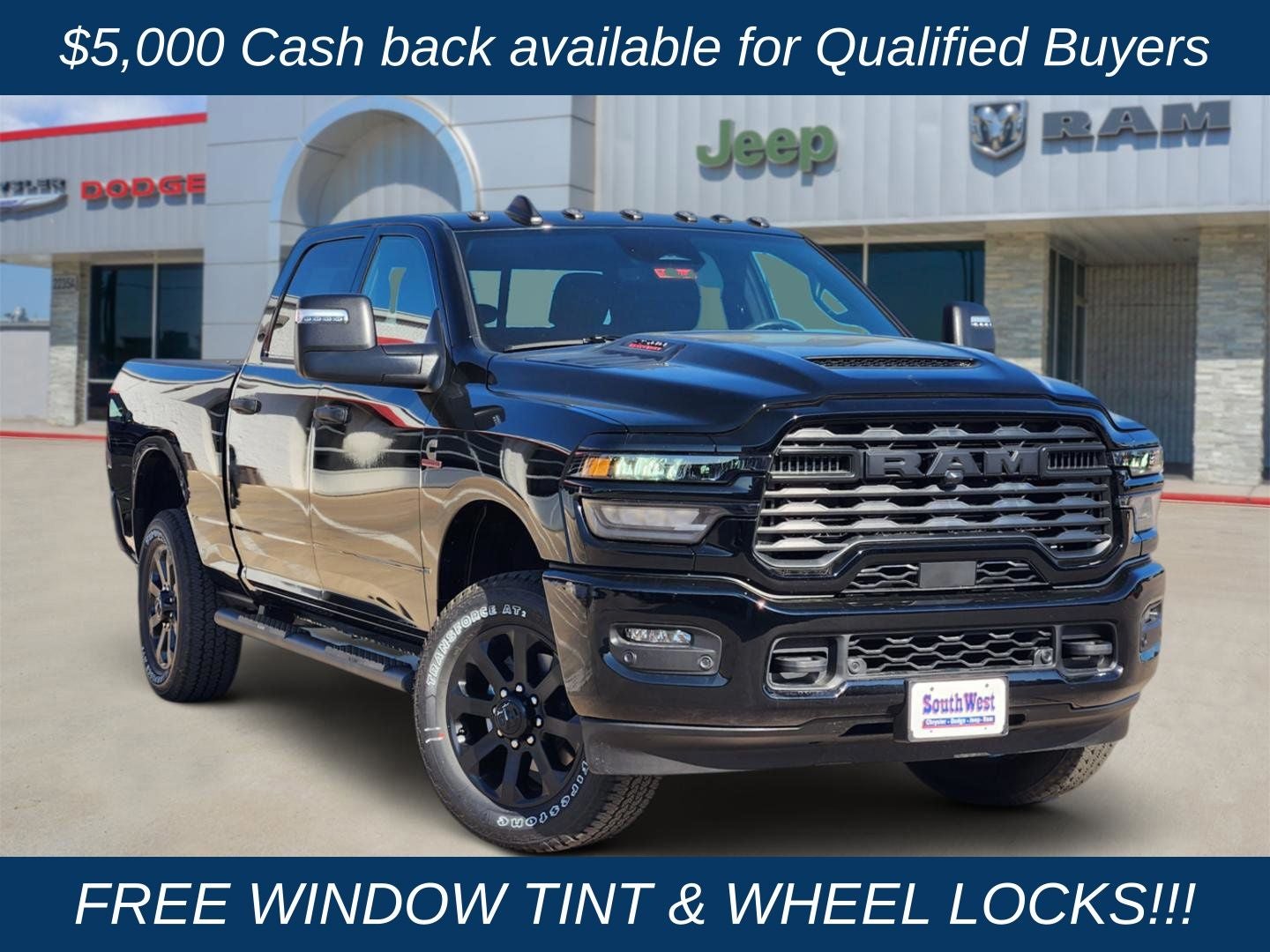 2026 RAM Ram 2500 RAM 2500 BLACK EXPRESS CREW CAB 4X4 6'4' BOX in Diamond Black Crystal Pearl-Coat Exterior Paint — front three-quarter view