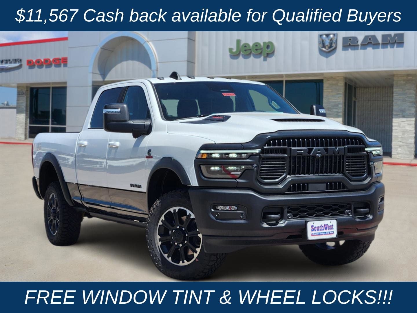 2026 RAM Ram 2500 RAM 2500 REBEL CREW CAB 4X4 6'4' BOX in Bright White Clear-Coat Exterior Paint — front three-quarter view