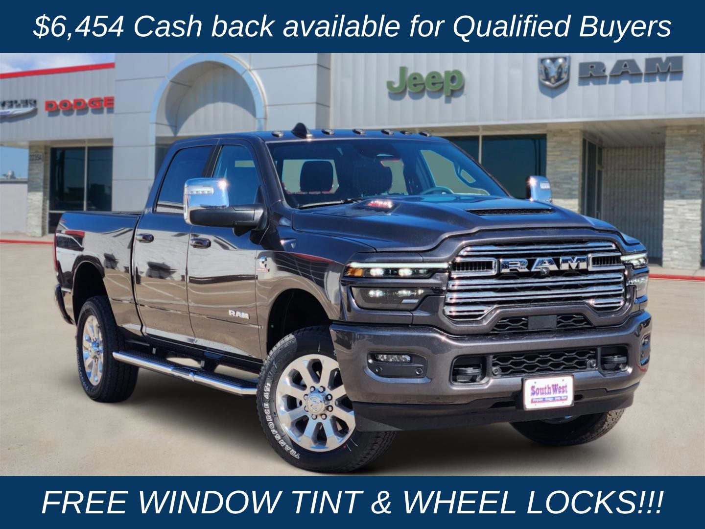 2026 RAM Ram 2500 RAM 2500 LARAMIE CREW CAB 4X4 6'4' BOX in Granite Crystal Metallic Clear-Coat Exterior Paint — front three-quarter view