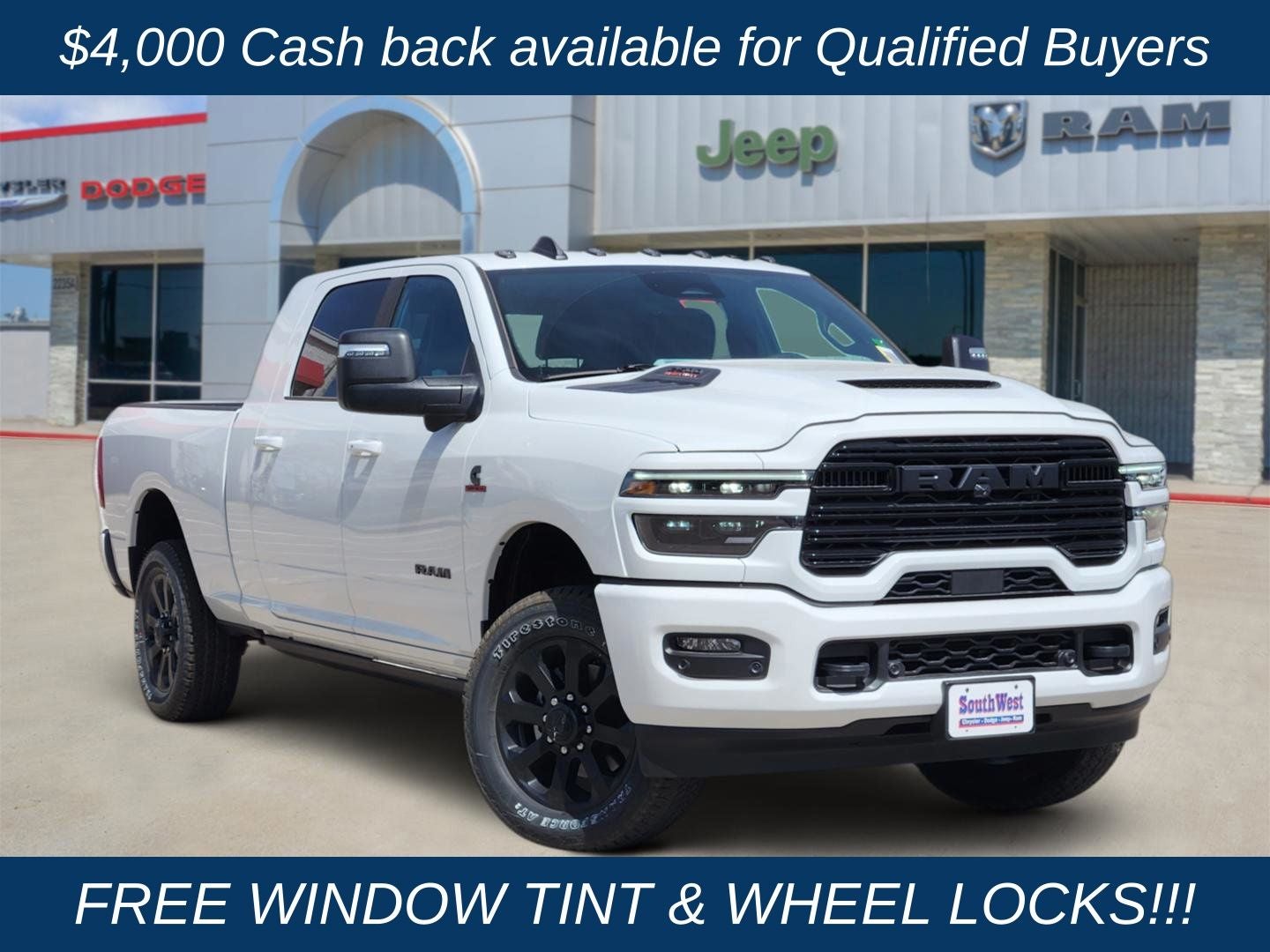 2026 RAM Ram 2500 RAM 2500 LARAMIE MEGA CAB 4X4 6'4' BOX in Bright White Clear-Coat Exterior Paint — front three-quarter view