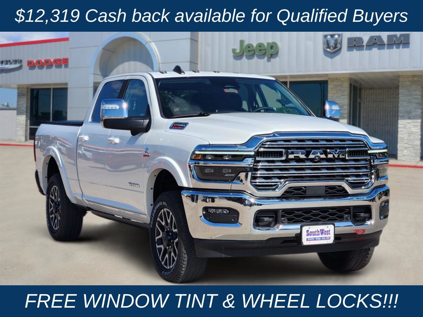 2026 RAM Ram 2500 RAM 2500 LIMITED LONGHORN CREW CAB 4X4 6'4' BOX in Bright White Clear-Coat Exterior Paint — front three-quarter view