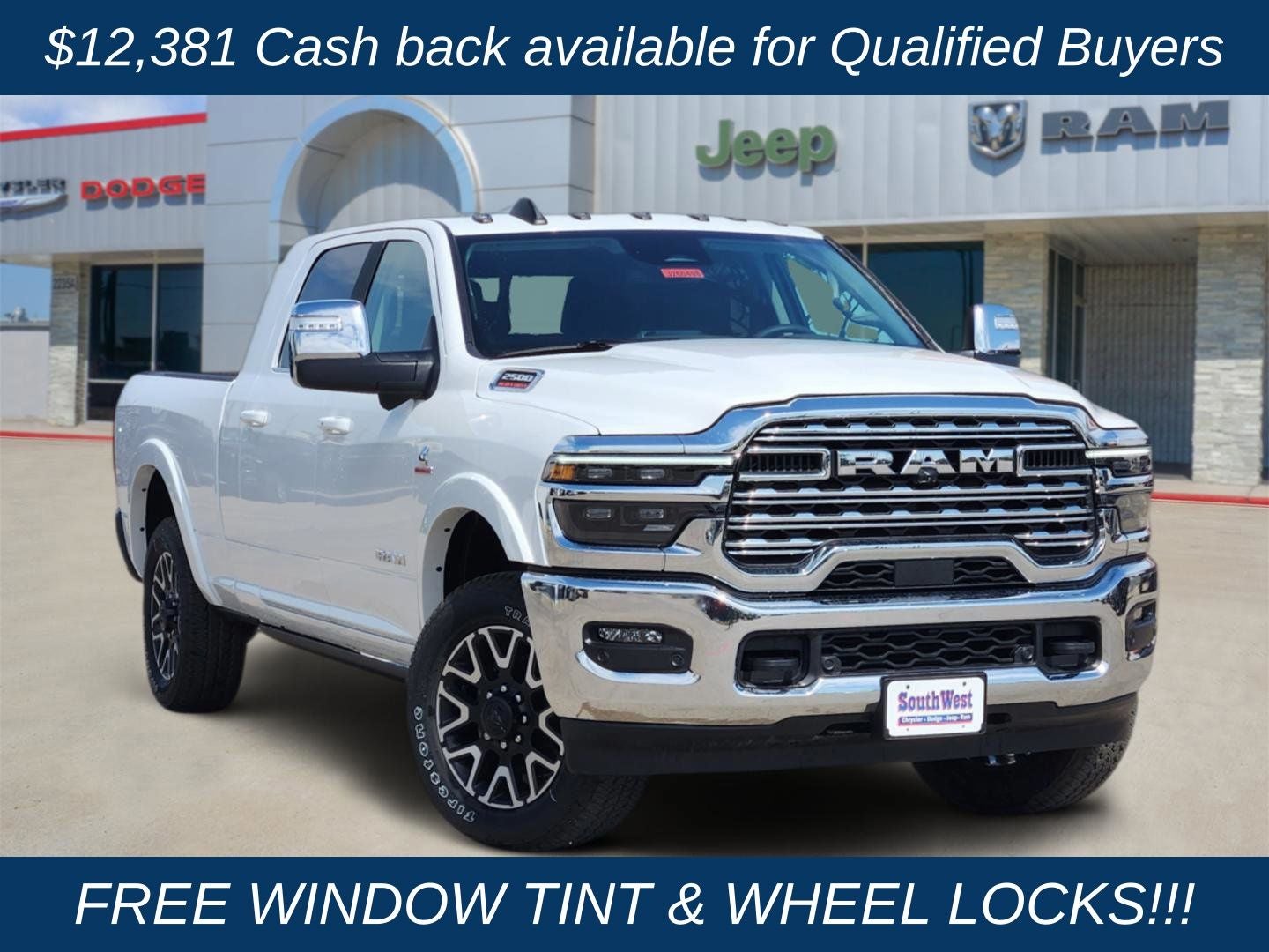 2026 RAM Ram 2500 RAM 2500 LIMITED LONGHORN MEGA CAB 4X4 6'4' BOX in Bright White Clear-Coat Exterior Paint — front three-quarter view