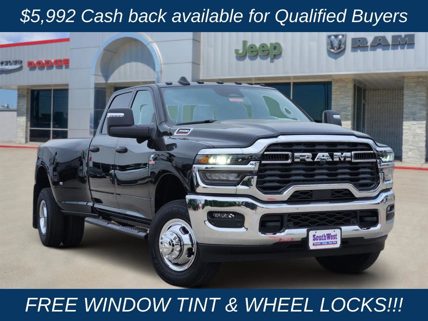 2026 RAM Ram 3500 RAM 3500 TRADESMAN CREW CAB 4X4 8' BOX in Diamond Black Crystal Pearl-Coat Exterior Paint — front three-quarter view