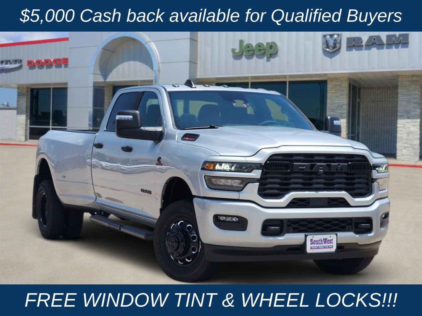 2026 RAM Ram 3500 RAM 3500 LONE STAR CREW CAB 4X4 8' BOX in Silver-Zynith Exterior Paint — front three-quarter view