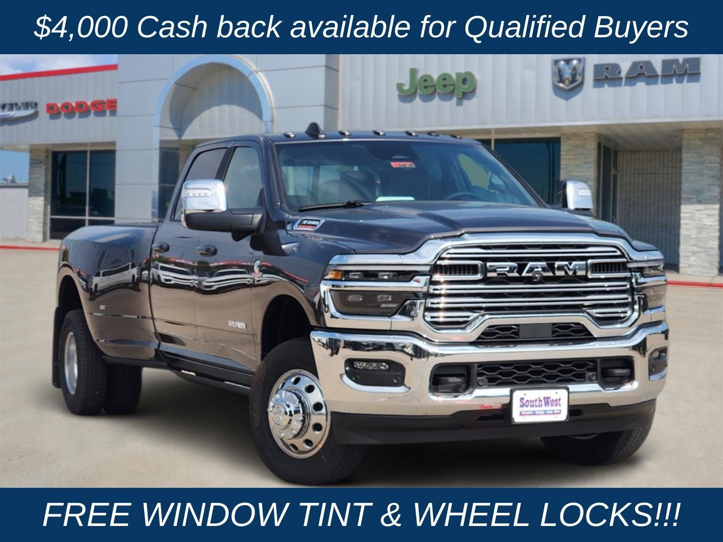 2026 RAM Ram 3500 RAM 3500 LARAMIE CREW CAB 4X4 8' BOX in Granite Crystal Metallic Clear-Coat Exterior Paint — front three-quarter view
