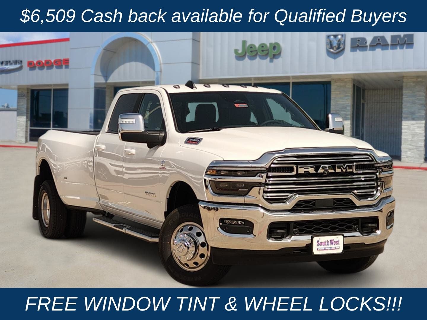 2026 RAM Ram 3500 RAM 3500 LARAMIE CREW CAB 4X4 8' BOX in Bright White Clear-Coat Exterior Paint — front three-quarter view