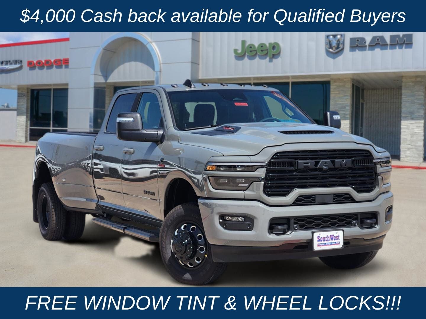 2026 RAM Ram 3500 RAM 3500 LARAMIE CREW CAB 4X4 8' BOX in Ceramic Gray Clear-Coat Exterior Paint — front three-quarter view