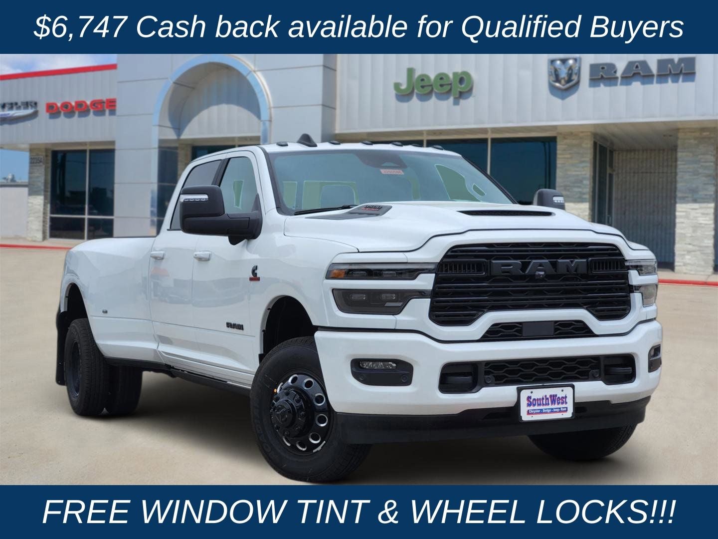 2026 RAM Ram 3500 RAM 3500 LARAMIE CREW CAB 4X4 8' BOX in Bright White Clear-Coat Exterior Paint — front three-quarter view