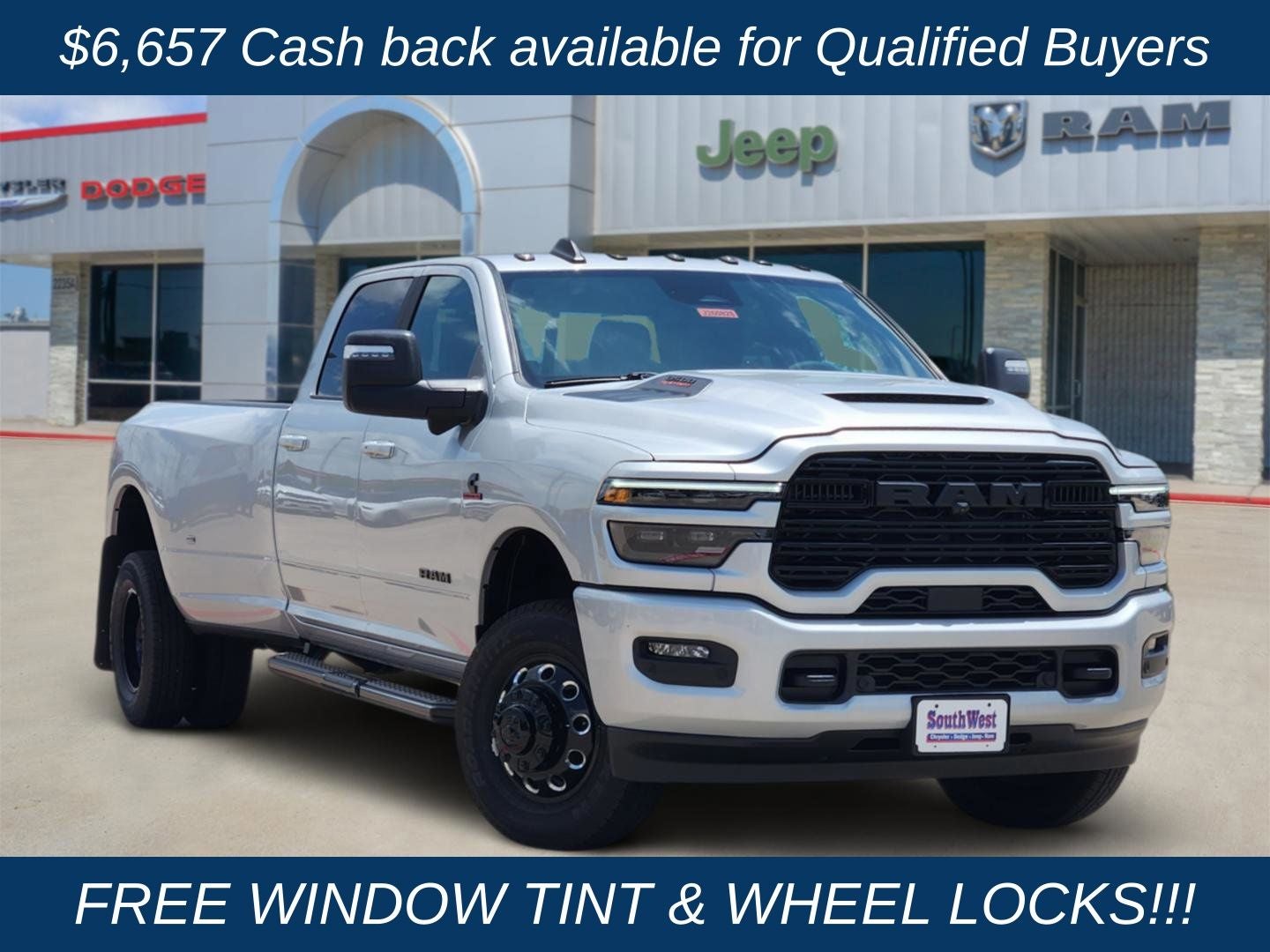 2026 RAM Ram 3500 RAM 3500 LARAMIE CREW CAB 4X4 8' BOX in Silver-Zynith Exterior Paint — front three-quarter view
