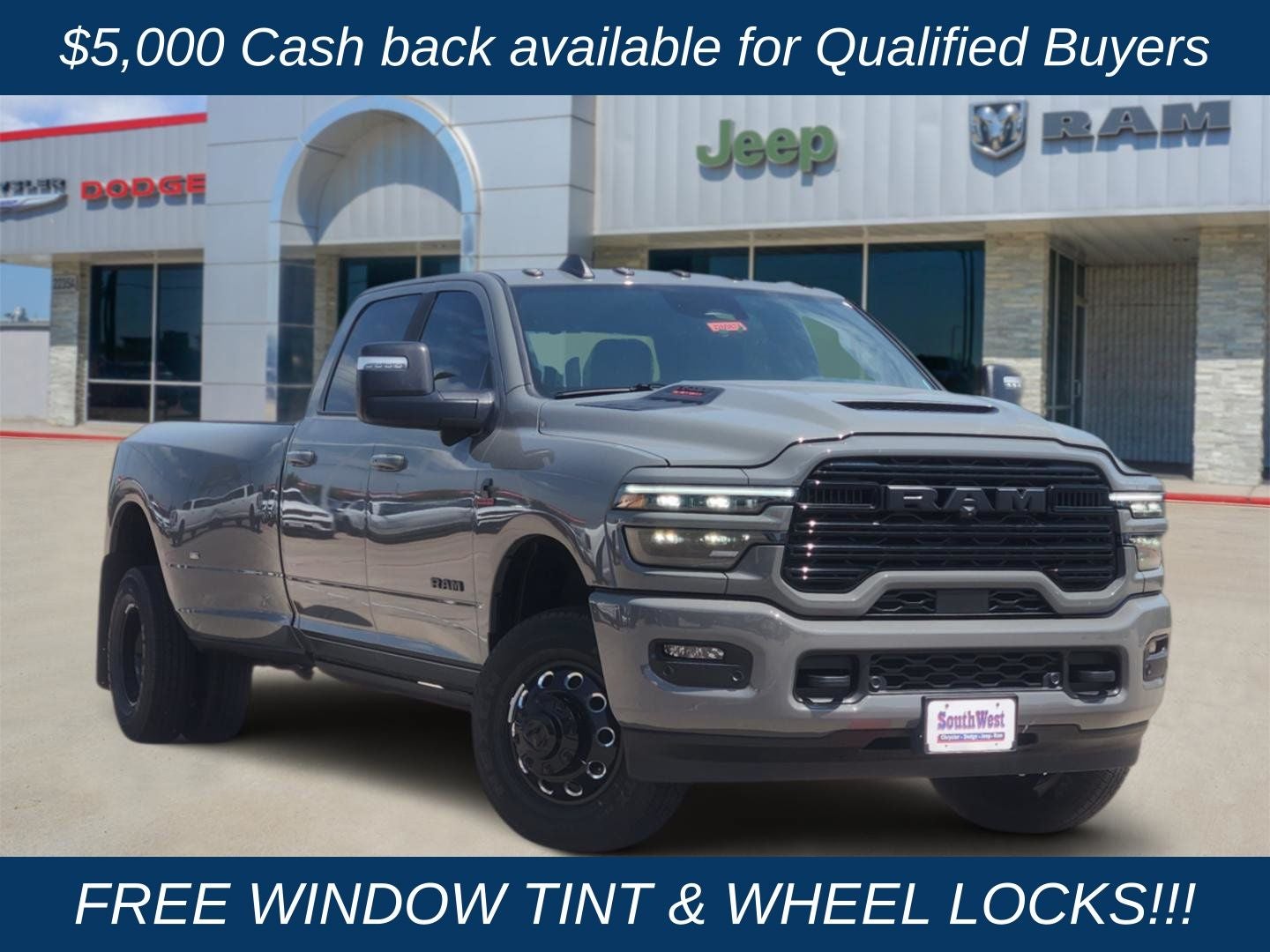2026 RAM Ram 3500 RAM 3500 LARAMIE CREW CAB 4X4 8' BOX in Ceramic Gray Clear-Coat Exterior Paint — front three-quarter view