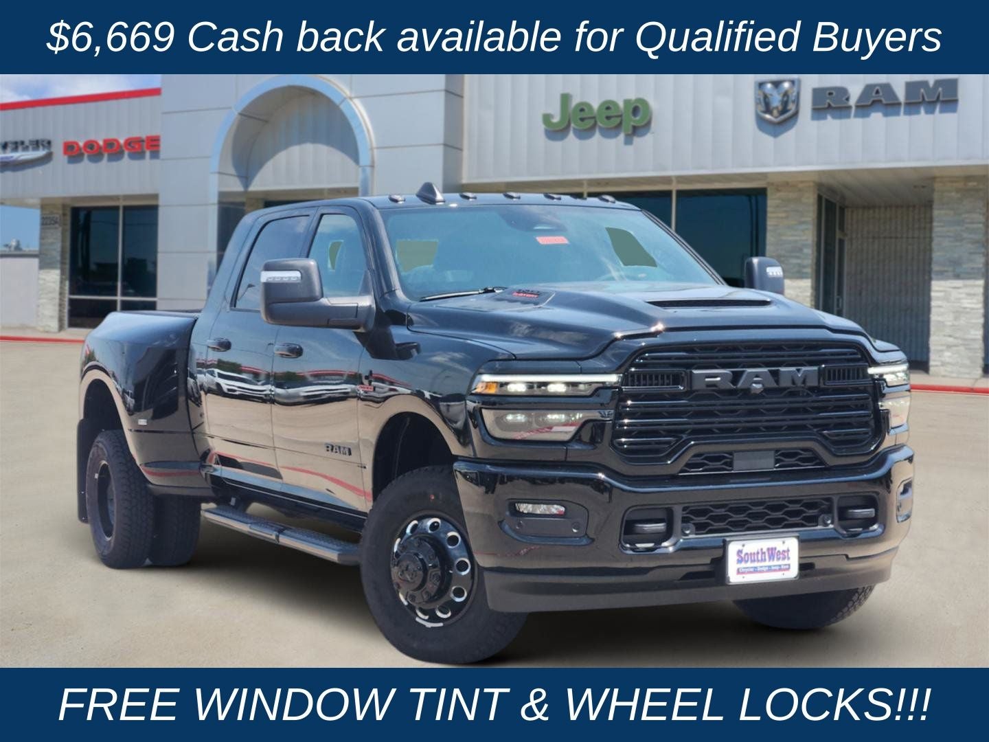 2026 RAM Ram 3500 RAM 3500 LARAMIE MEGA CAB 4X4 6'4' BOX in Diamond Black Crystal Pearl-Coat Exterior Paint — front three-quarter view