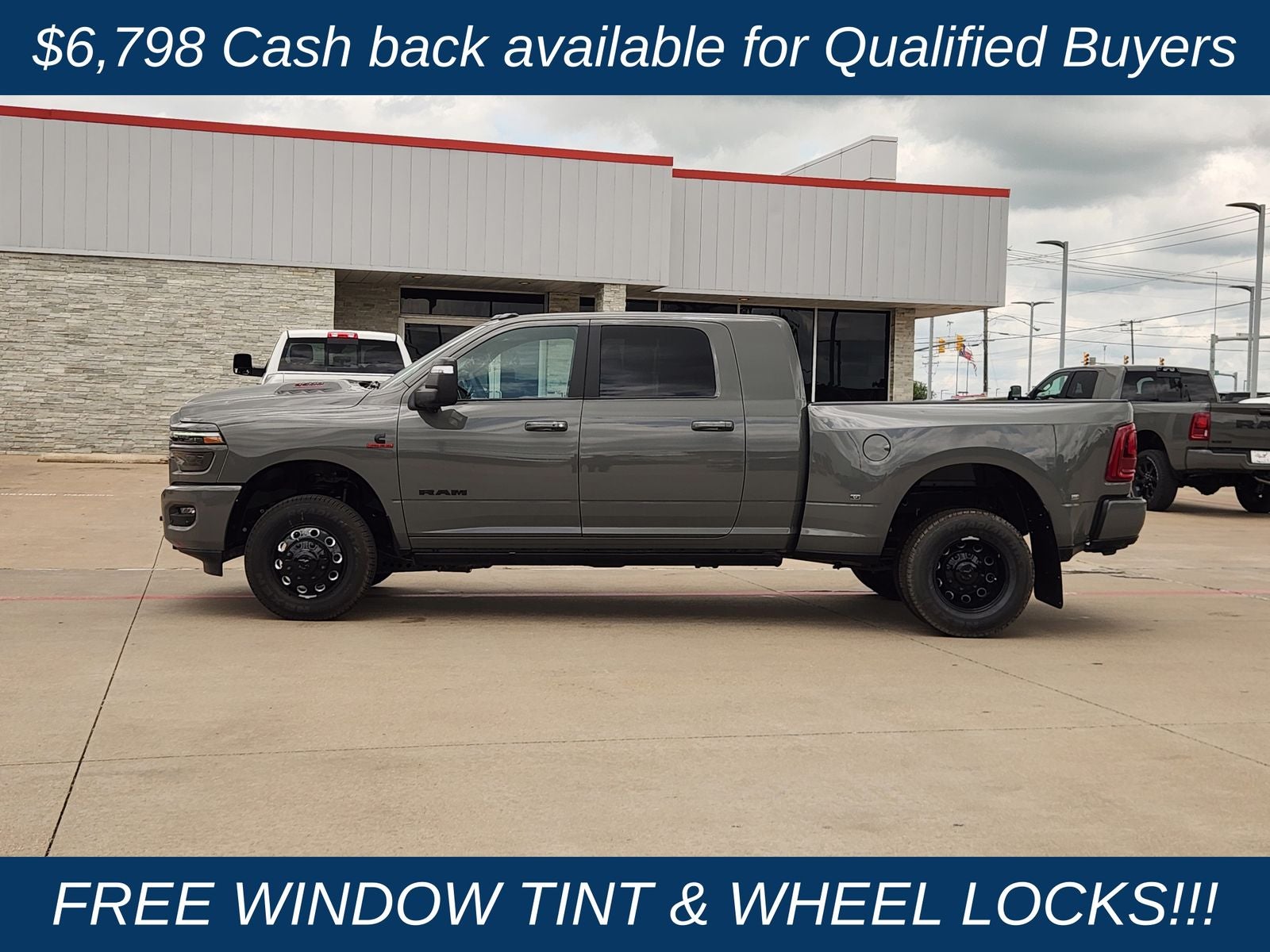 2026 RAM Ram 3500 RAM 3500 LARAMIE MEGA CAB 4X4 6'4' BOX in Ceramic Gray Clear-Coat Exterior Paint — front three-quarter view