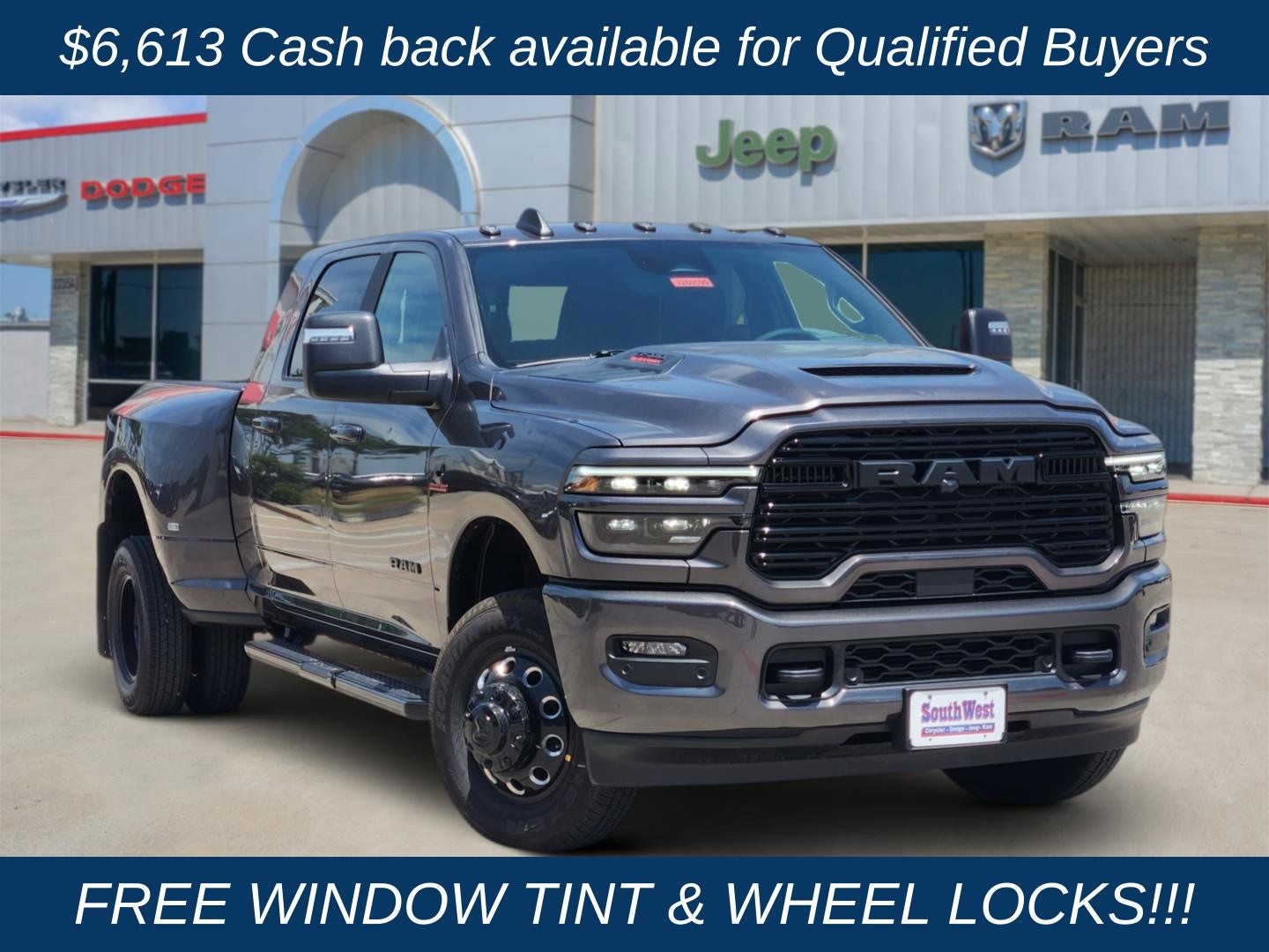 2026 RAM Ram 3500 RAM 3500 LARAMIE MEGA CAB 4X4 6'4' BOX in Granite Crystal Metallic Clear-Coat Exterior Paint — front three-quarter view