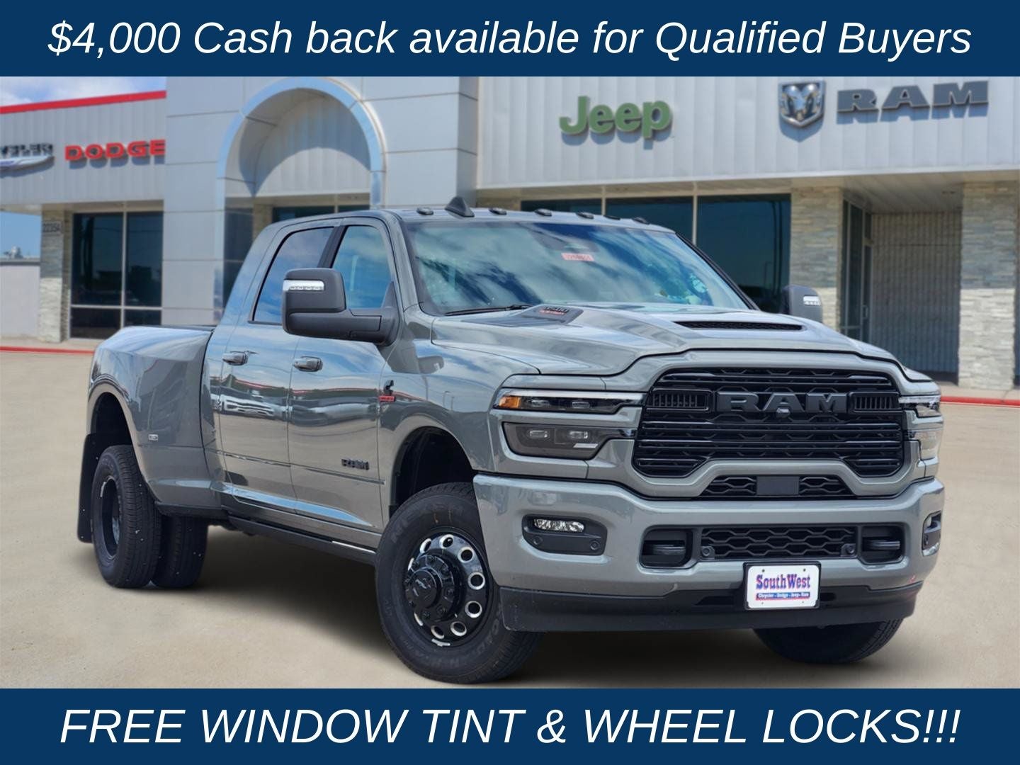 2026 RAM Ram 3500 RAM 3500 LARAMIE MEGA CAB 4X4 6'4' BOX in Ceramic Gray Clear-Coat Exterior Paint — front three-quarter view