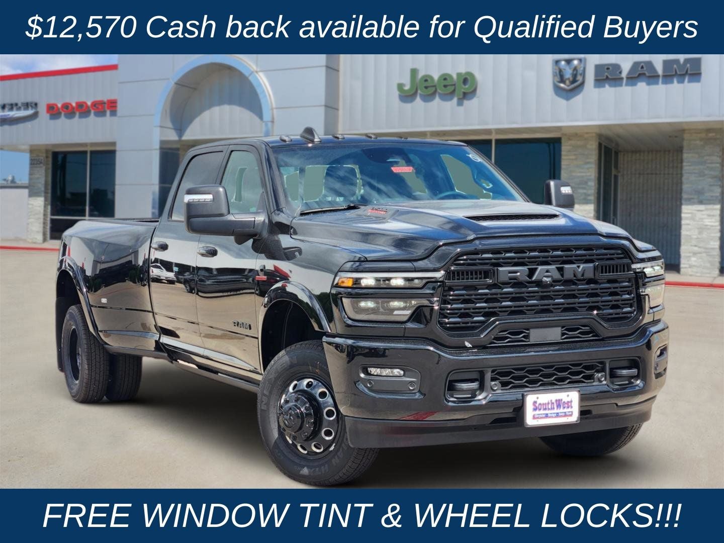 2026 RAM Ram 3500 RAM 3500 LIMITED CREW CAB 4X4 8' BOX in Diamond Black Crystal Pearl-Coat Exterior Paint — front three-quarter view