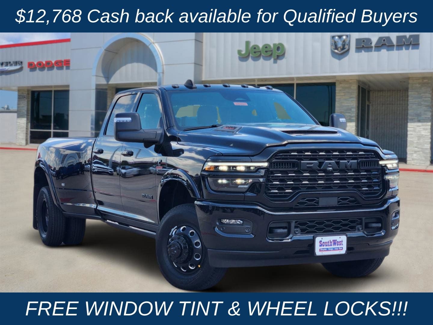 2026 RAM Ram 3500 RAM 3500 LIMITED CREW CAB 4X4 8' BOX in Diamond Black Crystal Pearl-Coat Exterior Paint — front three-quarter view