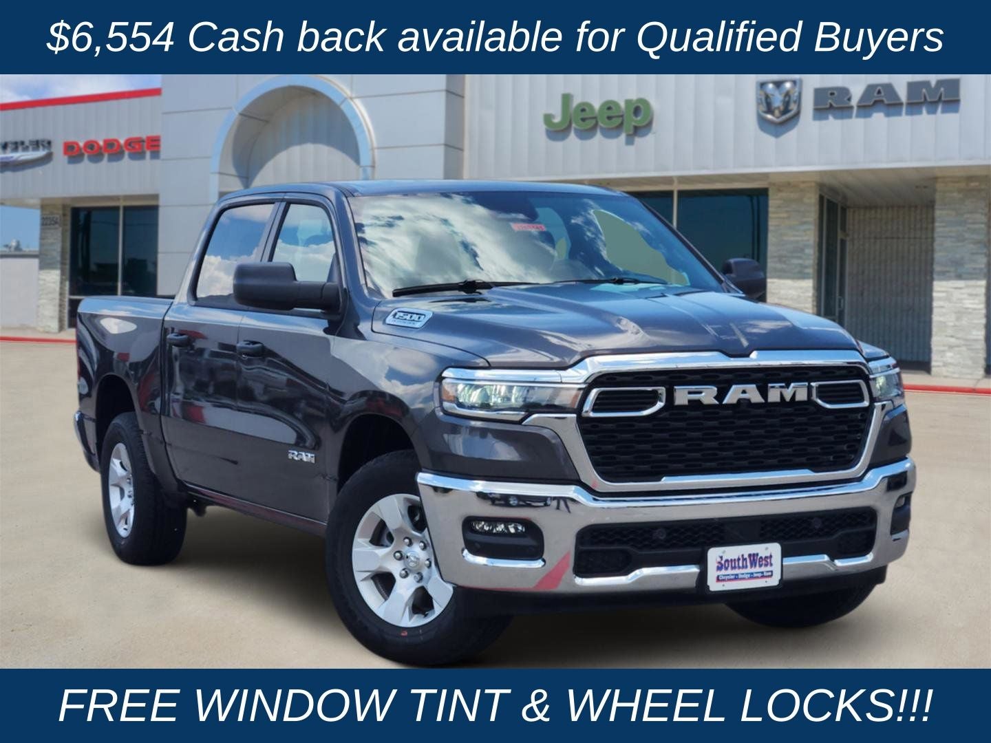 2026 RAM Ram 1500 RAM 1500 LONE STAR CREW CAB 4X2 5'7' BOX in Granite Crystal Metallic Clear-Coat Exterior Paint — front three-quarter view