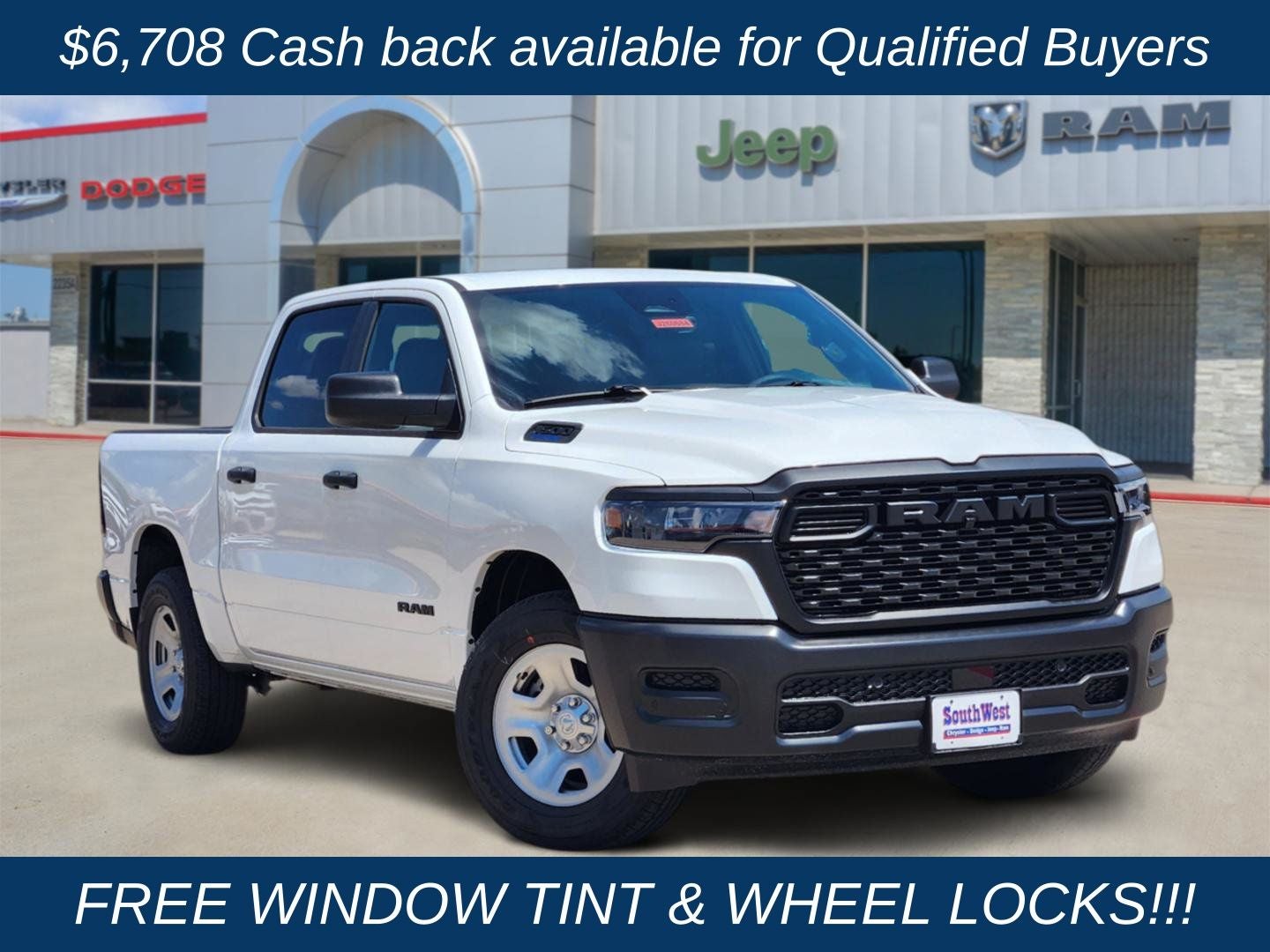 2026 RAM Ram 1500 RAM 1500 TRADESMAN CREW CAB 4X2 5'7' BOX in Bright White Clear-Coat Exterior Paint — front three-quarter view