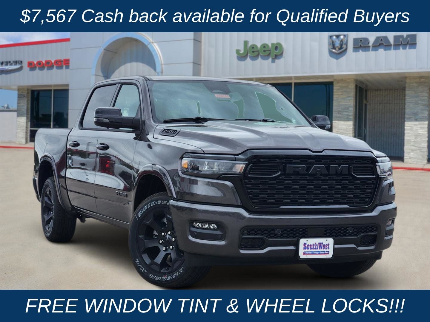 2026 RAM Ram 1500 RAM 1500 BIG HORN CREW CAB 4X4 5'7' BOX in Granite Crystal Metallic Clear-Coat Exterior Paint — front three-quarter view