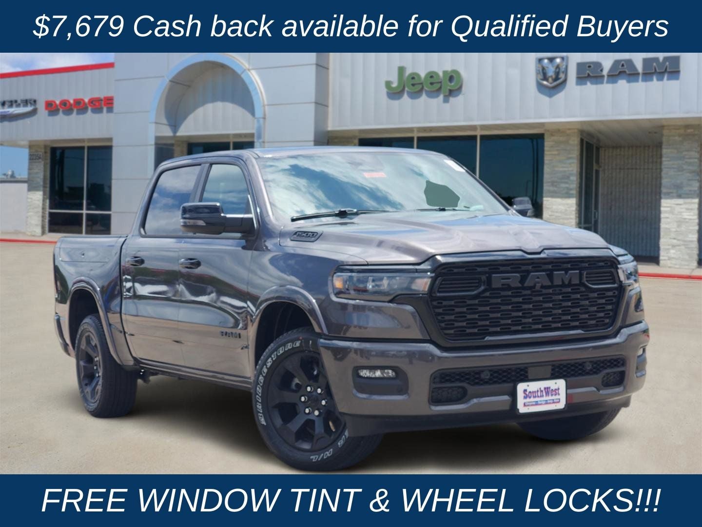 2026 RAM Ram 1500 RAM 1500 LONE STAR CREW CAB 4X4 5'7' BOX in Granite Crystal Metallic Clear-Coat Exterior Paint — front three-quarter view