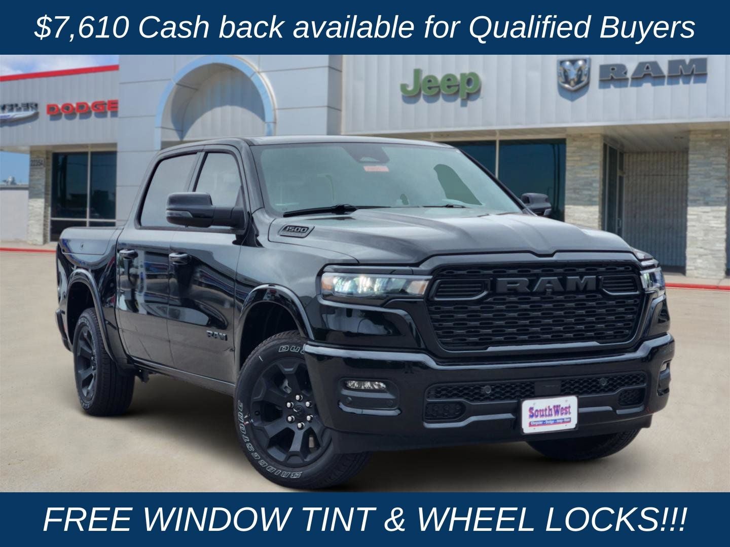 2026 RAM Ram 1500 RAM 1500 LONE STAR CREW CAB 4X4 5'7' BOX in Diamond Black Crystal Pearl-Coat Exterior Paint — front three-quarter view