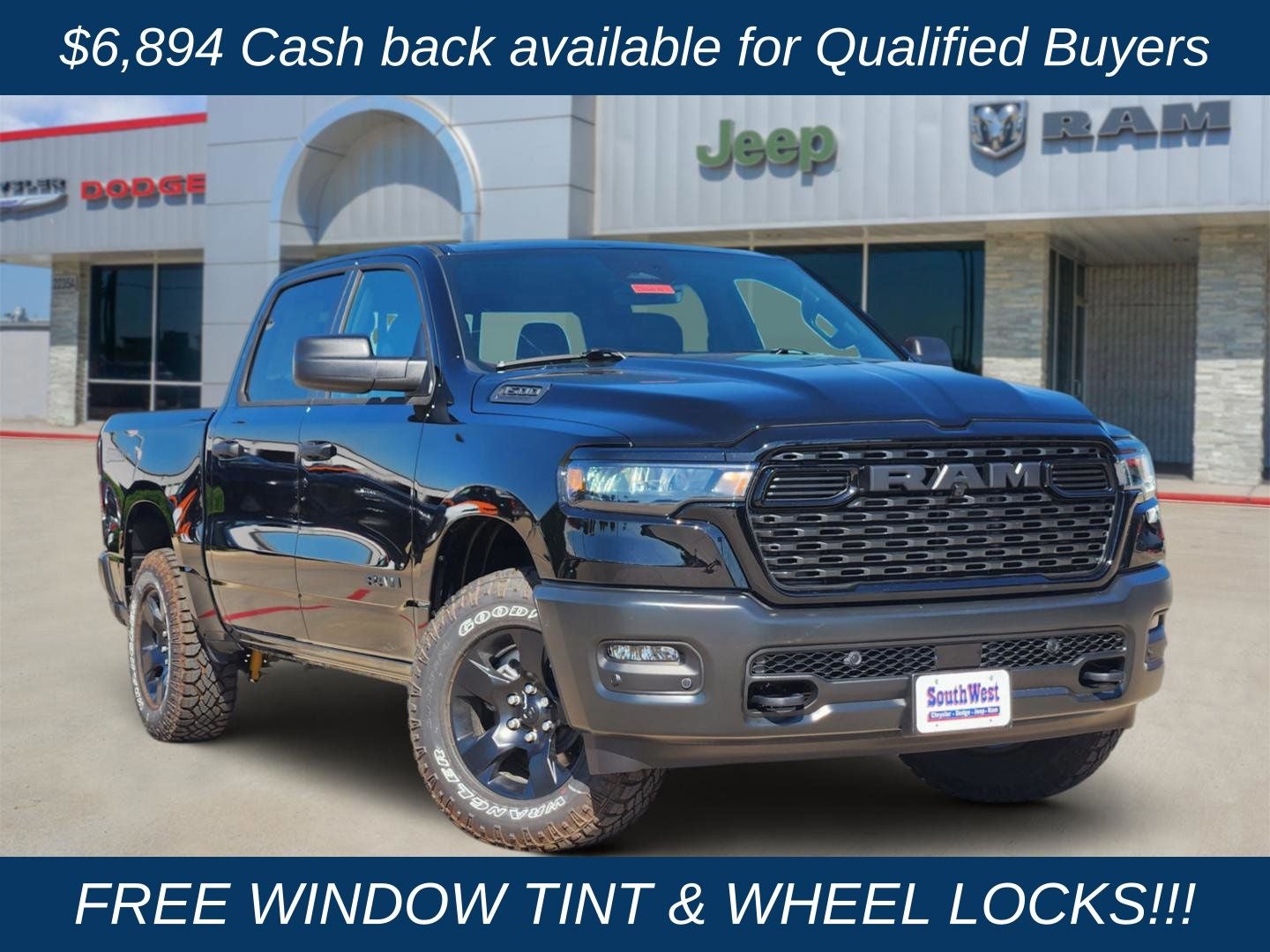 2026 RAM Ram 1500 RAM 1500 WARLOCK CREW CAB 4X4 5'7' BOX in Diamond Black Crystal Pearl-Coat Exterior Paint — front three-quarter view