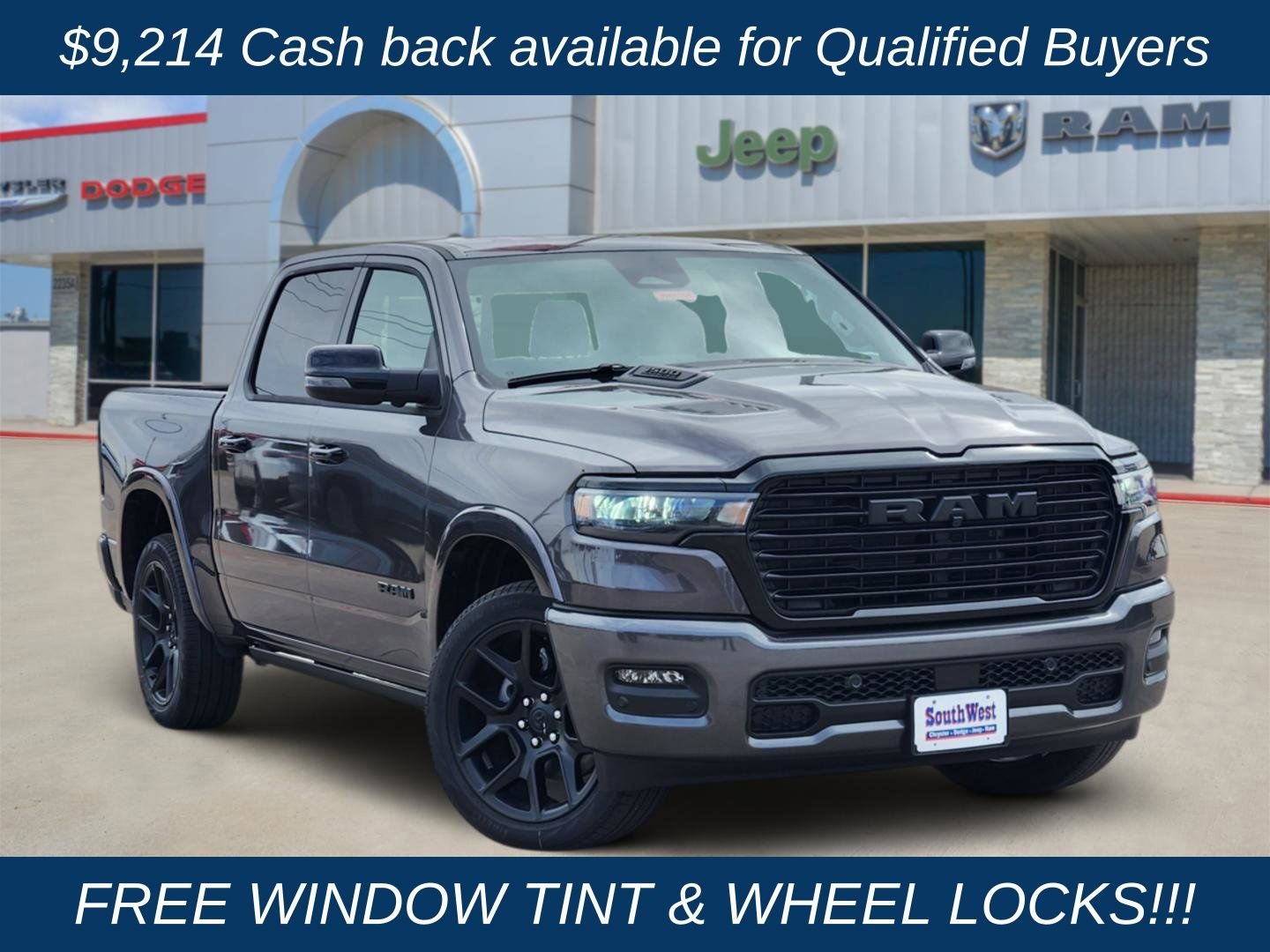 2026 RAM Ram 1500 RAM 1500 LARAMIE CREW CAB 4X4 5'7' BOX in Granite Crystal Metallic Clear-Coat Exterior Paint — front three-quarter view