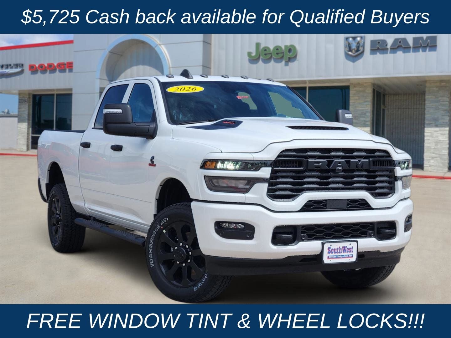 2026 RAM Ram 2500 RAM 2500 BLACK EXPRESS CREW CAB 4X4 6'4' BOX in Bright White Clear-Coat Exterior Paint — front three-quarter view