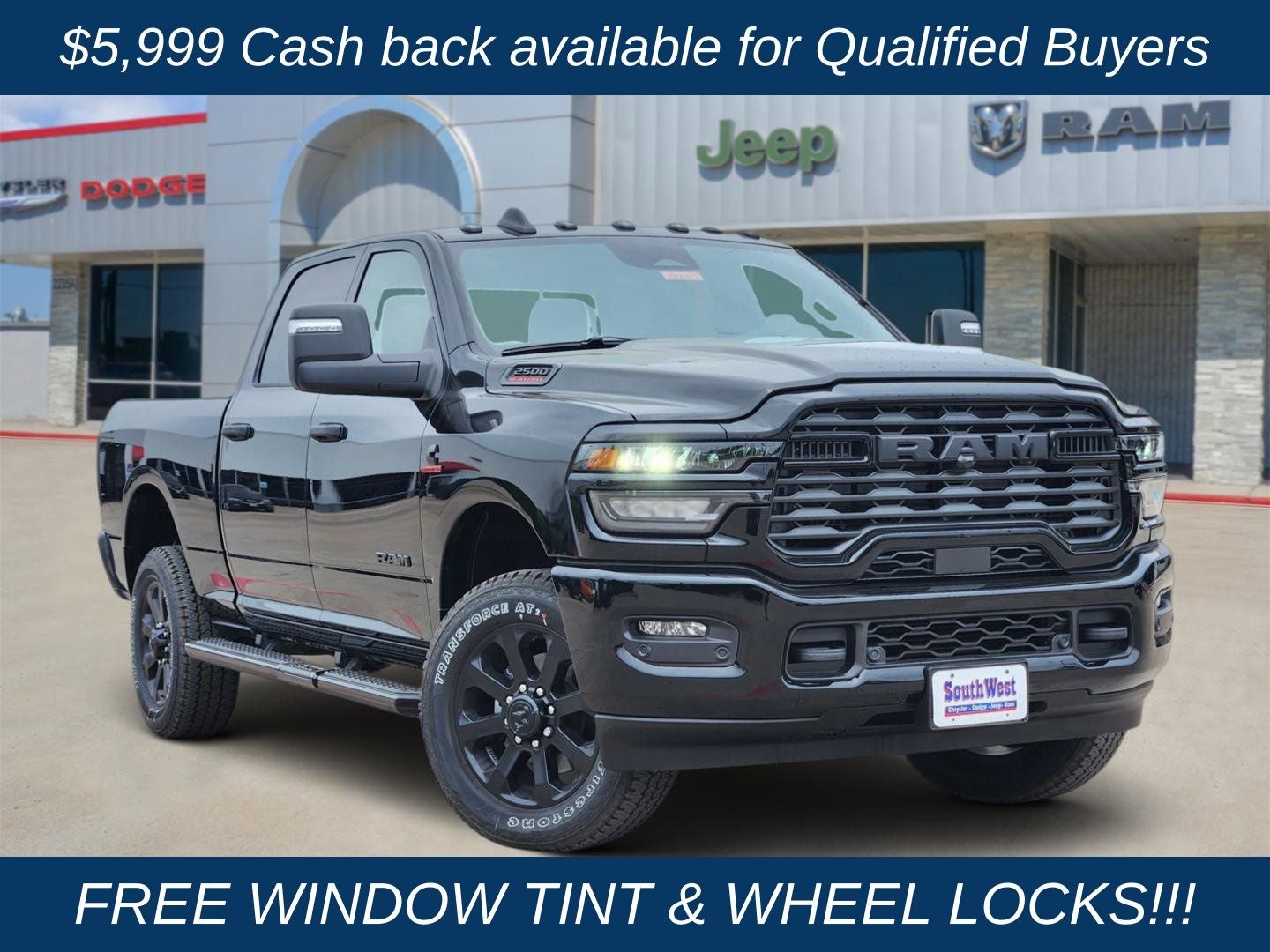 2026 RAM Ram 2500 RAM 2500 LONE STAR CREW CAB 4X4 6'4' BOX in Diamond Black Crystal Pearl-Coat Exterior Paint — front three-quarter view