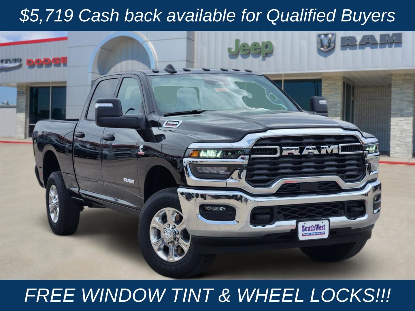 2026 RAM Ram 2500 RAM 2500 LONE STAR CREW CAB 4X4 6'4' BOX in Diamond Black Crystal Pearl-Coat Exterior Paint — front three-quarter view