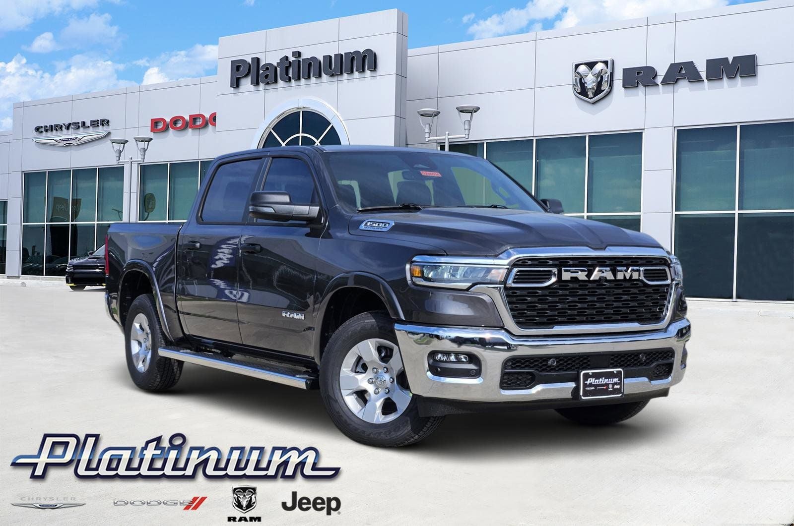 2026 RAM Ram 1500 RAM 1500 BIG HORN CREW CAB 4X4 5'7' BOX in Granite Crystal Metallic Clear-Coat Exterior Paint — front three-quarter view