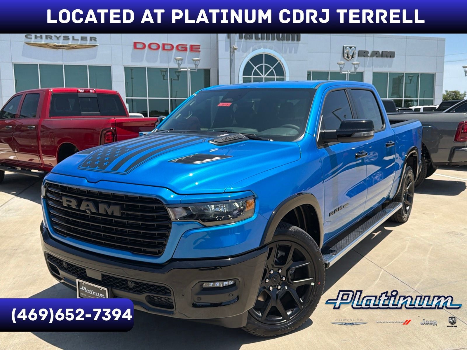 2026 RAM Ram 1500 RAM 1500 LARAMIE CREW CAB 4X4 5'7' BOX in Hydro Blue Pearl-Coat Exterior Paint — front three-quarter view