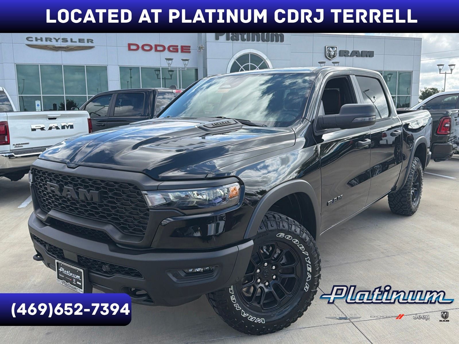 2026 RAM Ram 1500 RAM 1500 REBEL CREW CAB 4X4 5'7' BOX in Diamond Black Crystal Pearl-Coat Exterior Paint — front three-quarter view
