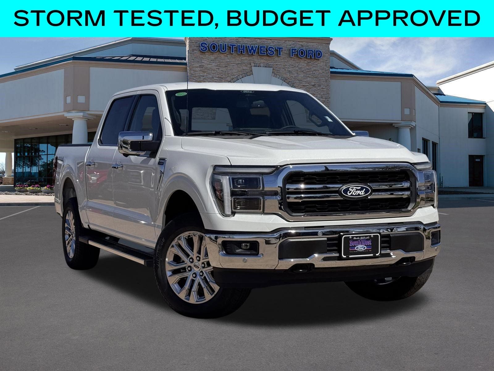 2025 Ford F-150 Lariat in White Metallic — front three-quarter view