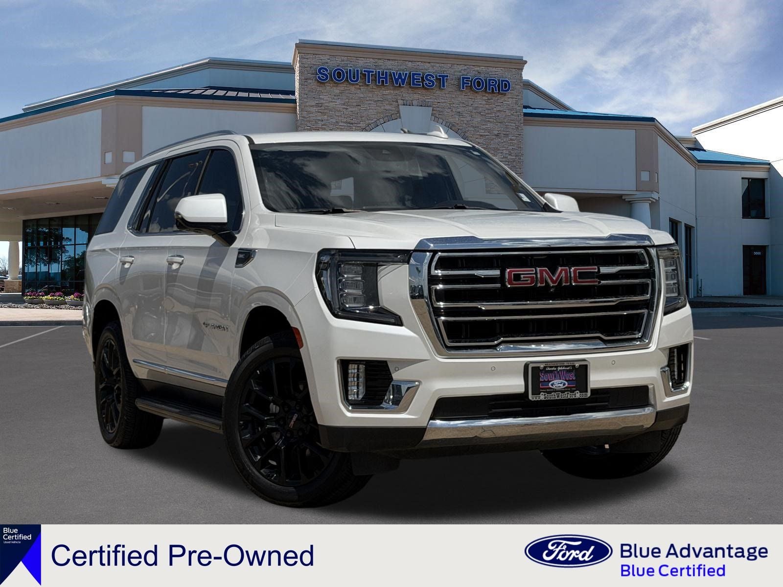 2023 GMC Yukon SLT in White Frost Tricoat — front three-quarter view